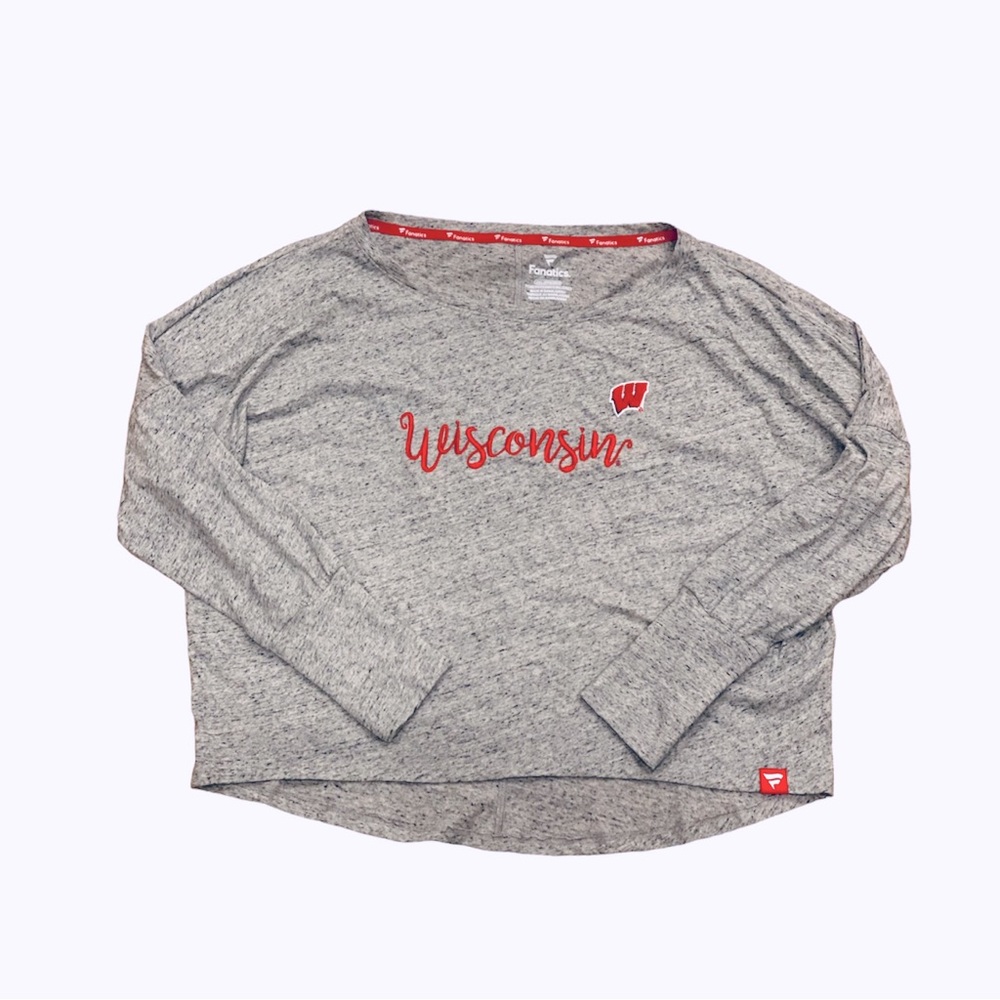Wisconsin Badgers Gray Red Embroidered Long Sleeve Shirt Relaxed Fit 2XL